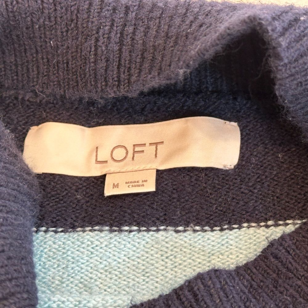 Ann Taylor Loft Long Sleeve Turquoise Navy Striped Turtleneck Sweater - Picture 6 of 9